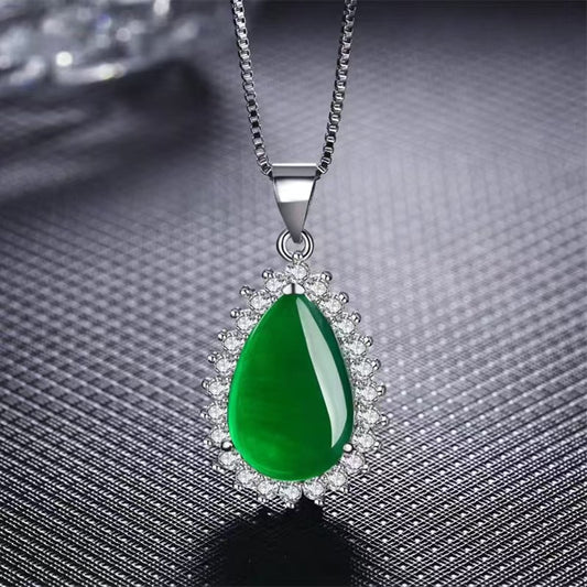 Teardrop Chalcedony Pendant Emerald Gemstone Necklace