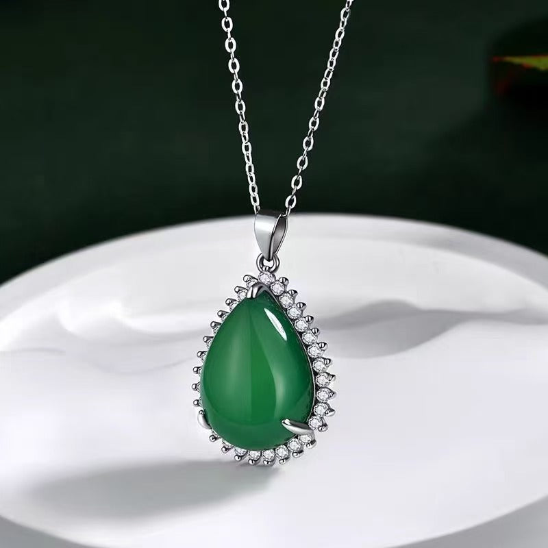 Teardrop Chalcedony Pendant Emerald Gemstone Necklace