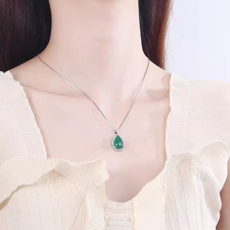 Teardrop Chalcedony Pendant Emerald Gemstone Necklace